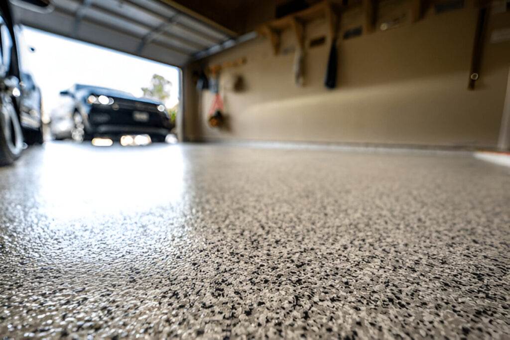 A close-up of an Oregon garage floor reveals a speckled concrete coating, leading to an open door with a car parked outside. Inside, shelves line the walls, neatly stacked with various items.