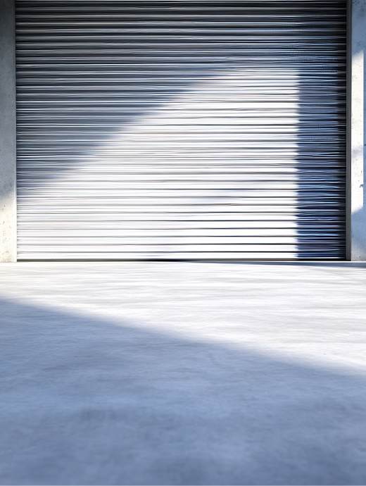 Closed metal roller shutter door with sunlight casting shadows on the Oregon concrete floor, highlighting a durable concrete coating beneath.