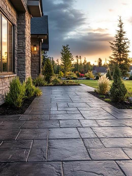 A stone patio with lush greenery on both sides leads to a serene lawn. On the left, a modern stone house showcases exquisite concrete coating. The Oregon sunset sky, adorned with scattered clouds, frames the trees in the distance.
